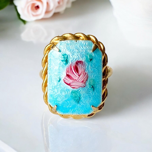 Vintage Jewelry - SOLD! Vintage 1940s Blue Pink Guilloche Ring, Adjustable Enamel Handpainted.